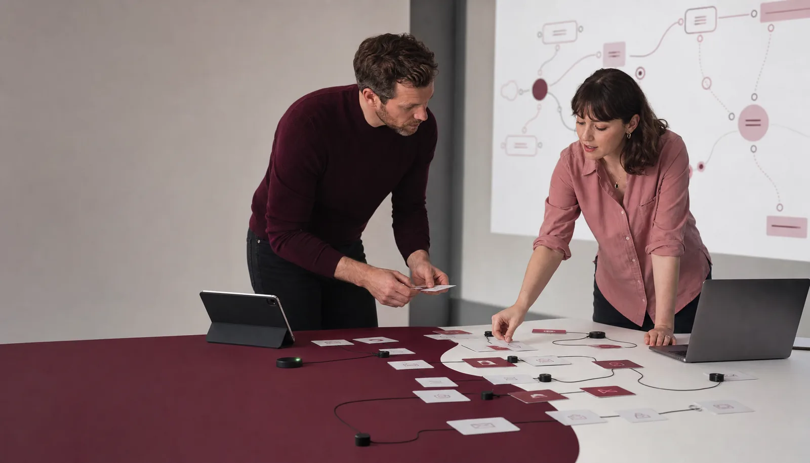 A team mapping a custom workflow automation system